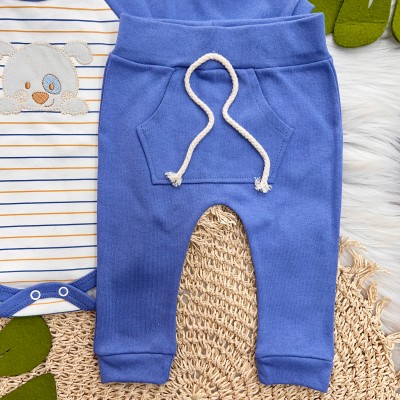 Body Longo e Calça Cãozinho Ursinho Listrado - Azul Bic